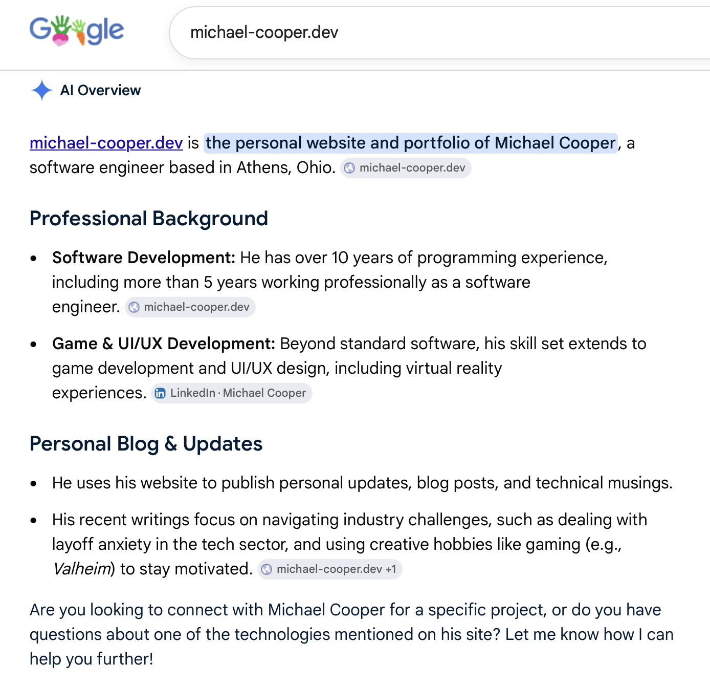 Google AI Overview incorrectly associating my website with another developer of the same name